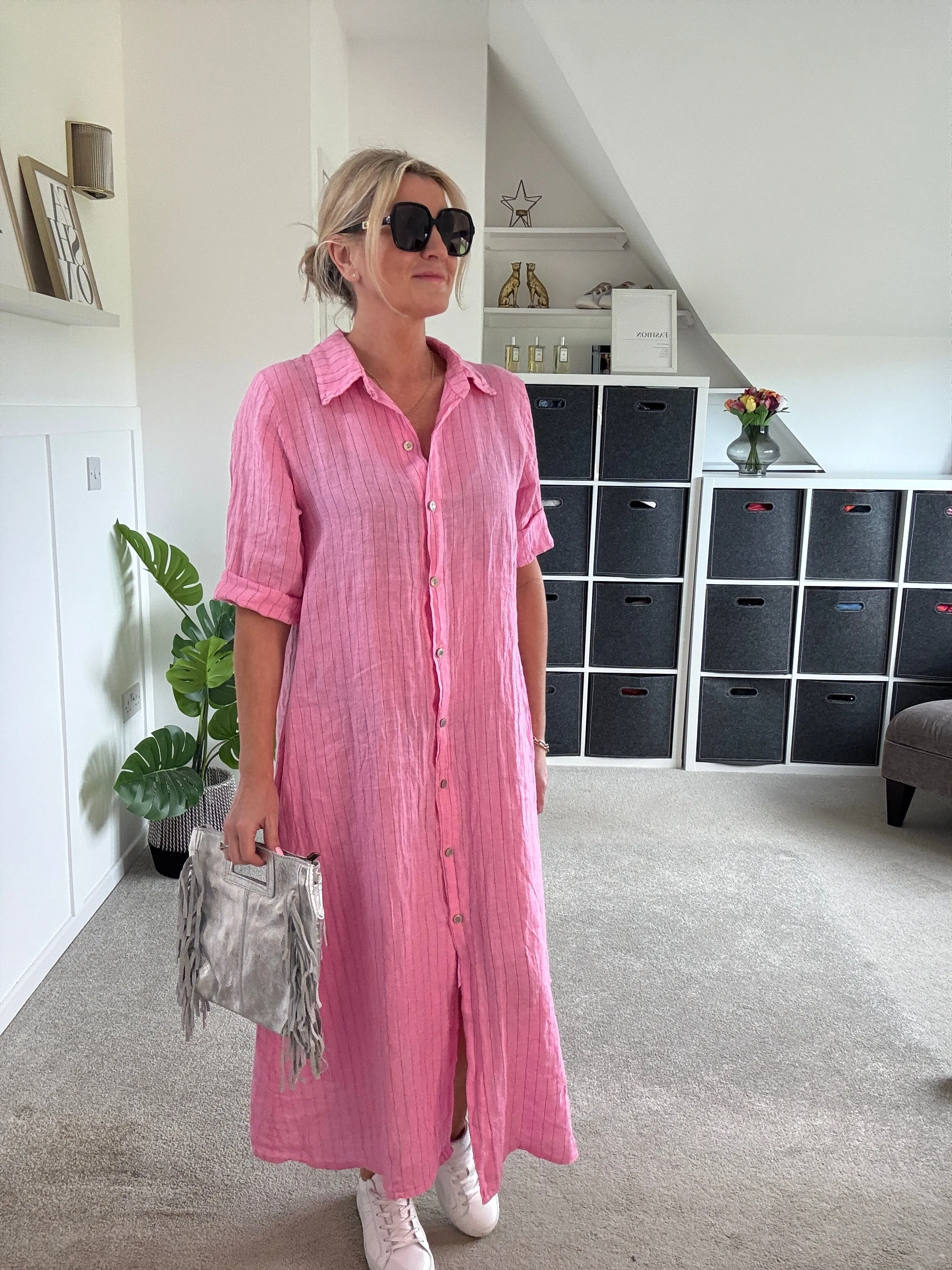 Navy Pinstripe Linen Shirt Dress