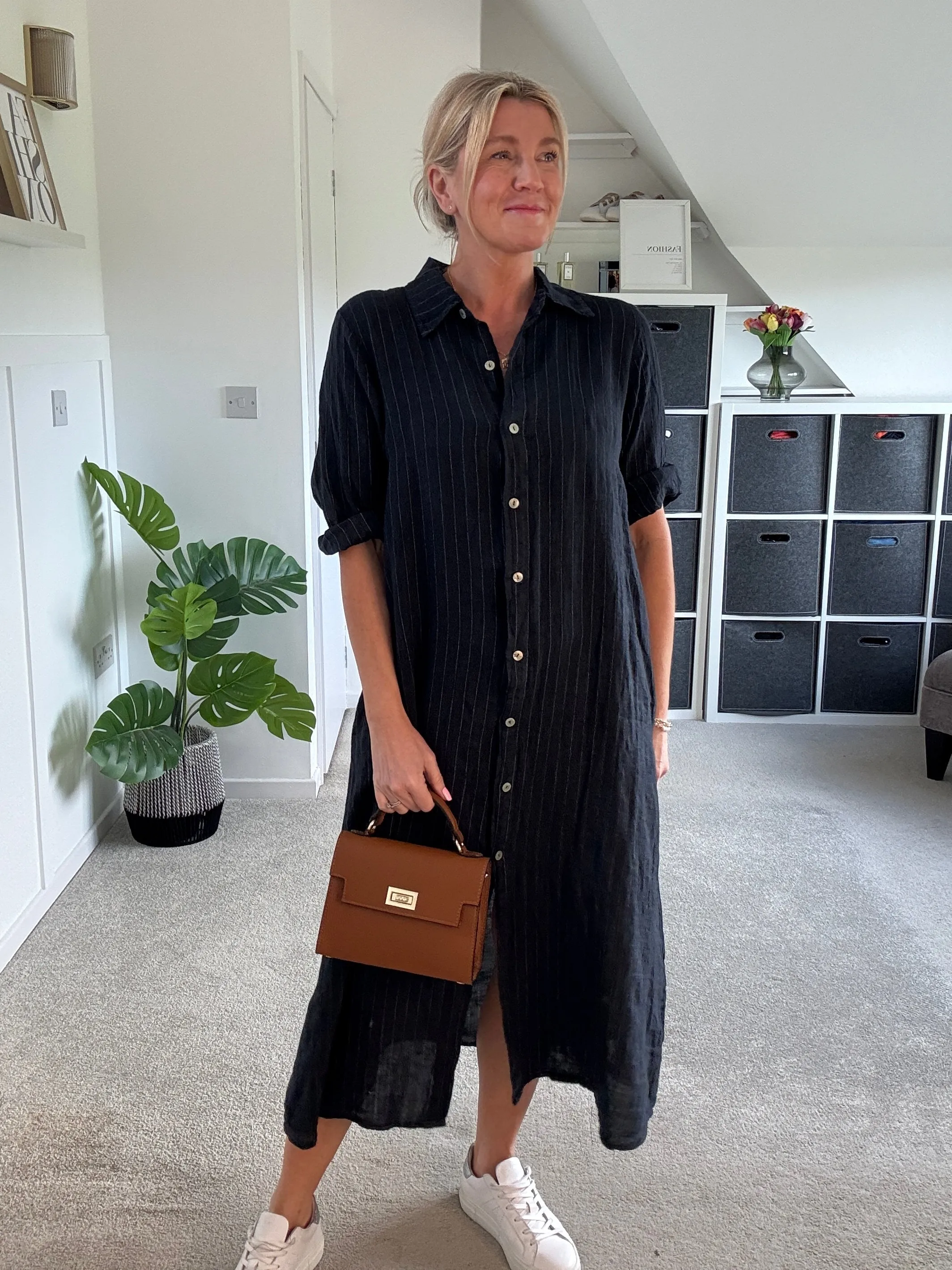 Navy Pinstripe Linen Shirt Dress