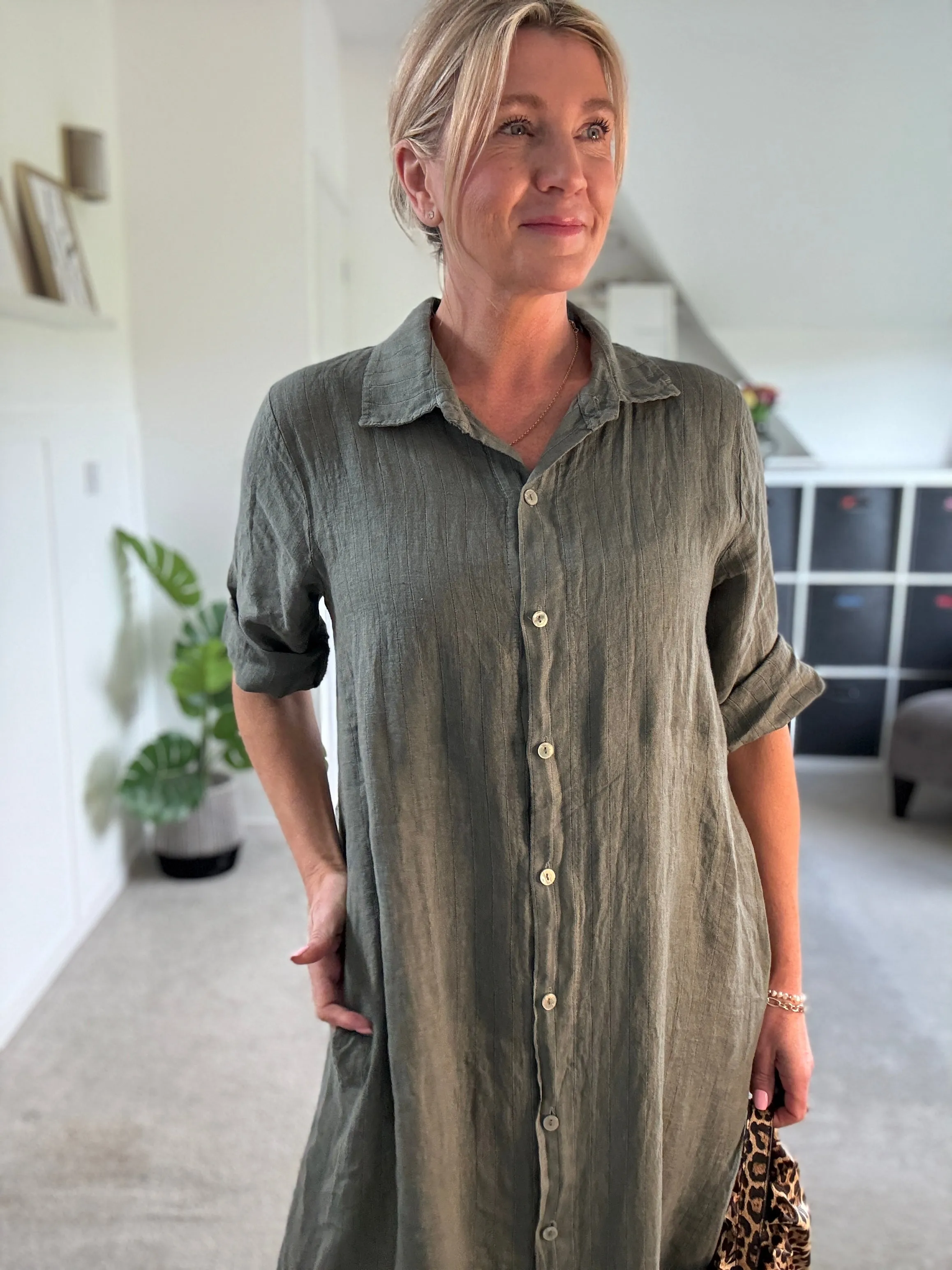 Navy Pinstripe Linen Shirt Dress
