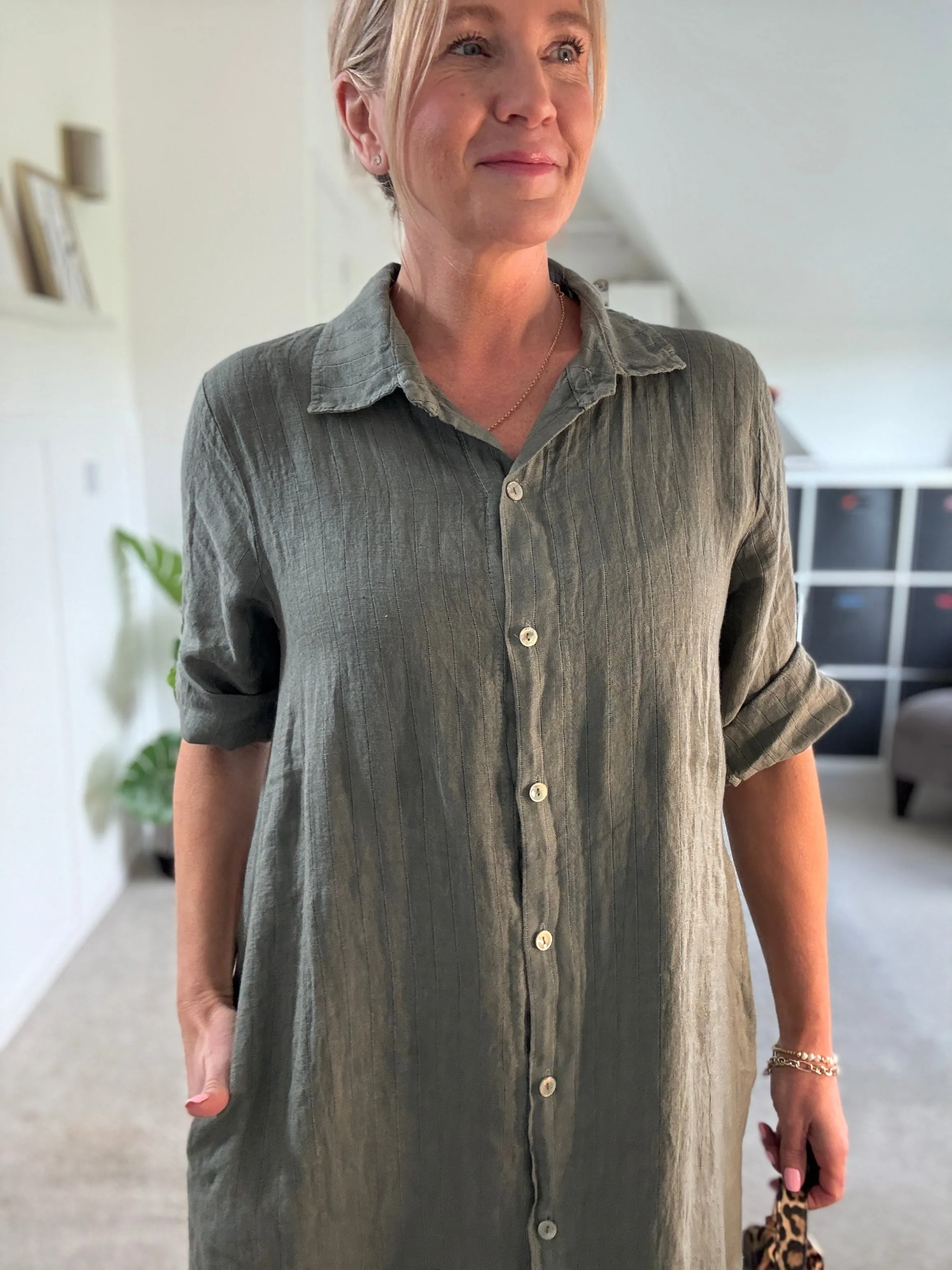Navy Pinstripe Linen Shirt Dress