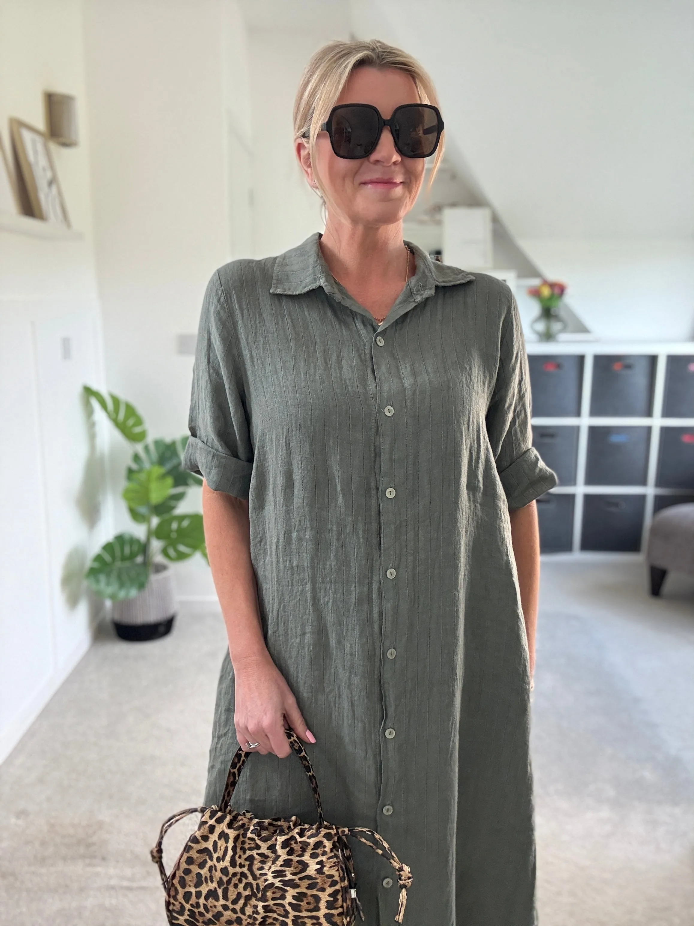 Navy Pinstripe Linen Shirt Dress