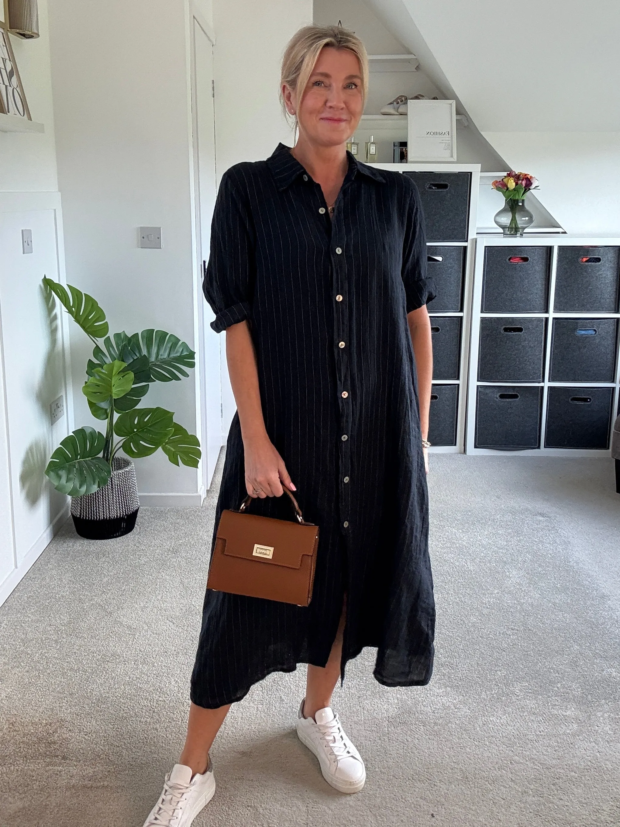 Navy Pinstripe Linen Shirt Dress
