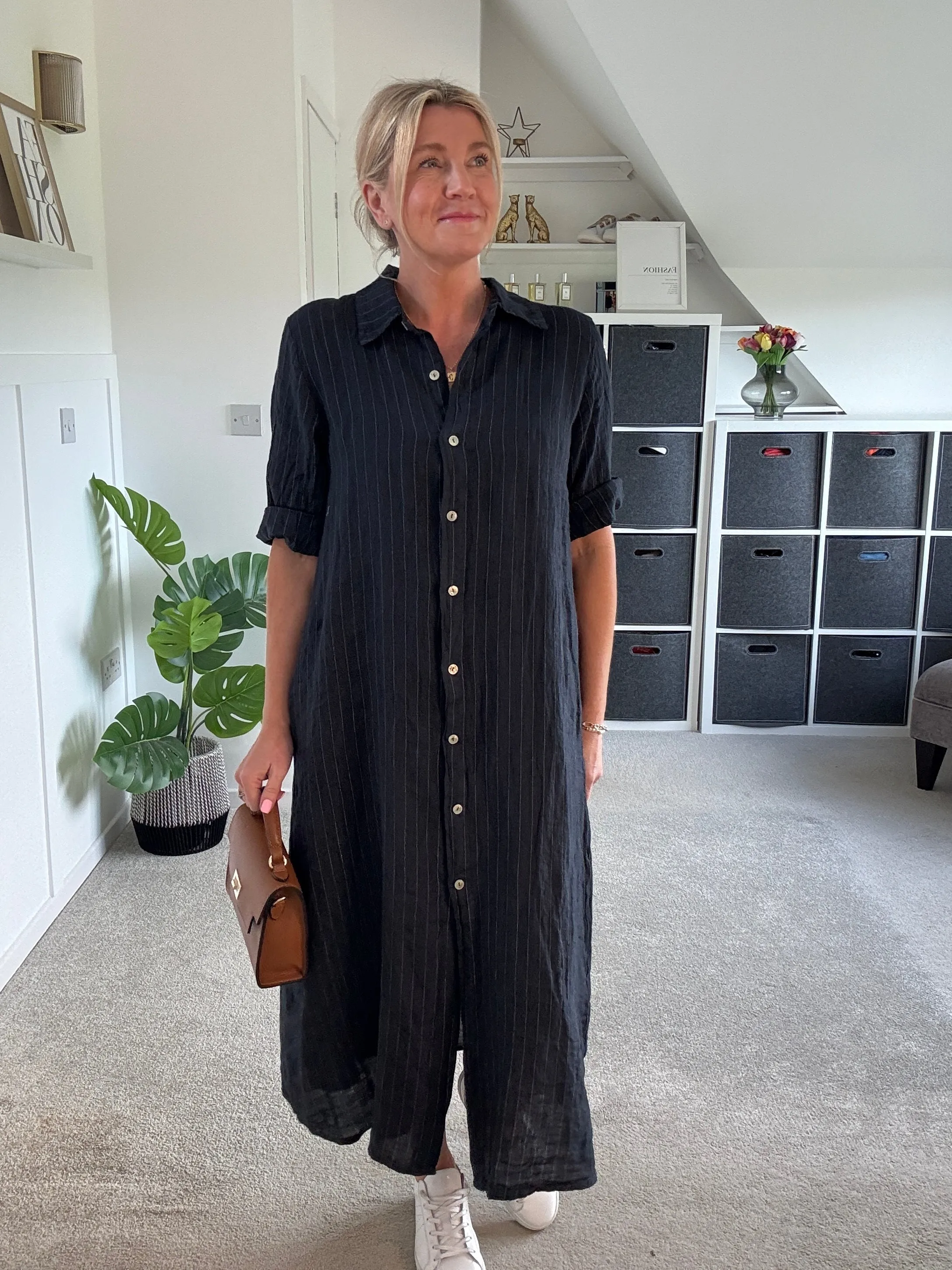 Navy Pinstripe Linen Shirt Dress