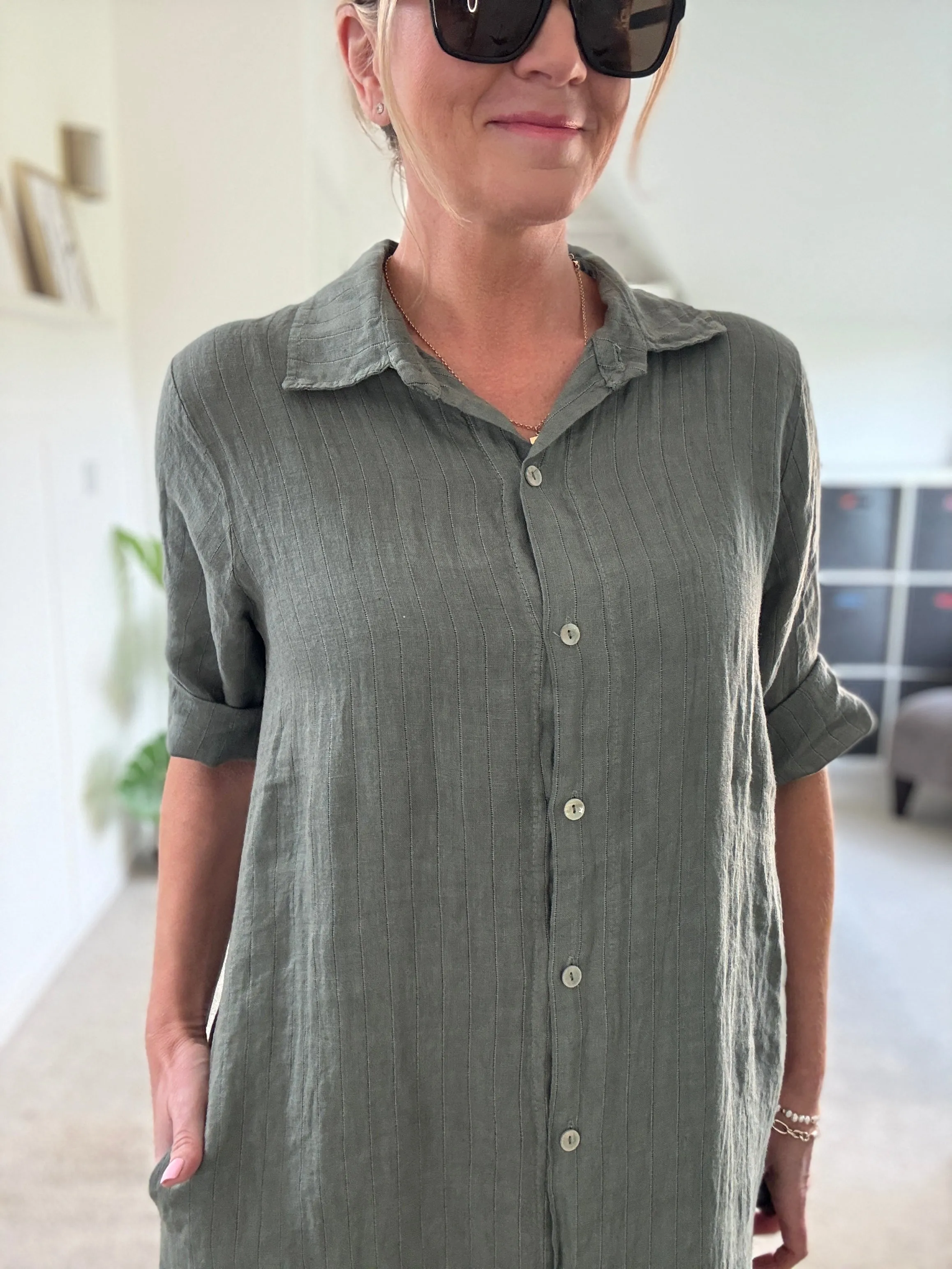 Navy Pinstripe Linen Shirt Dress