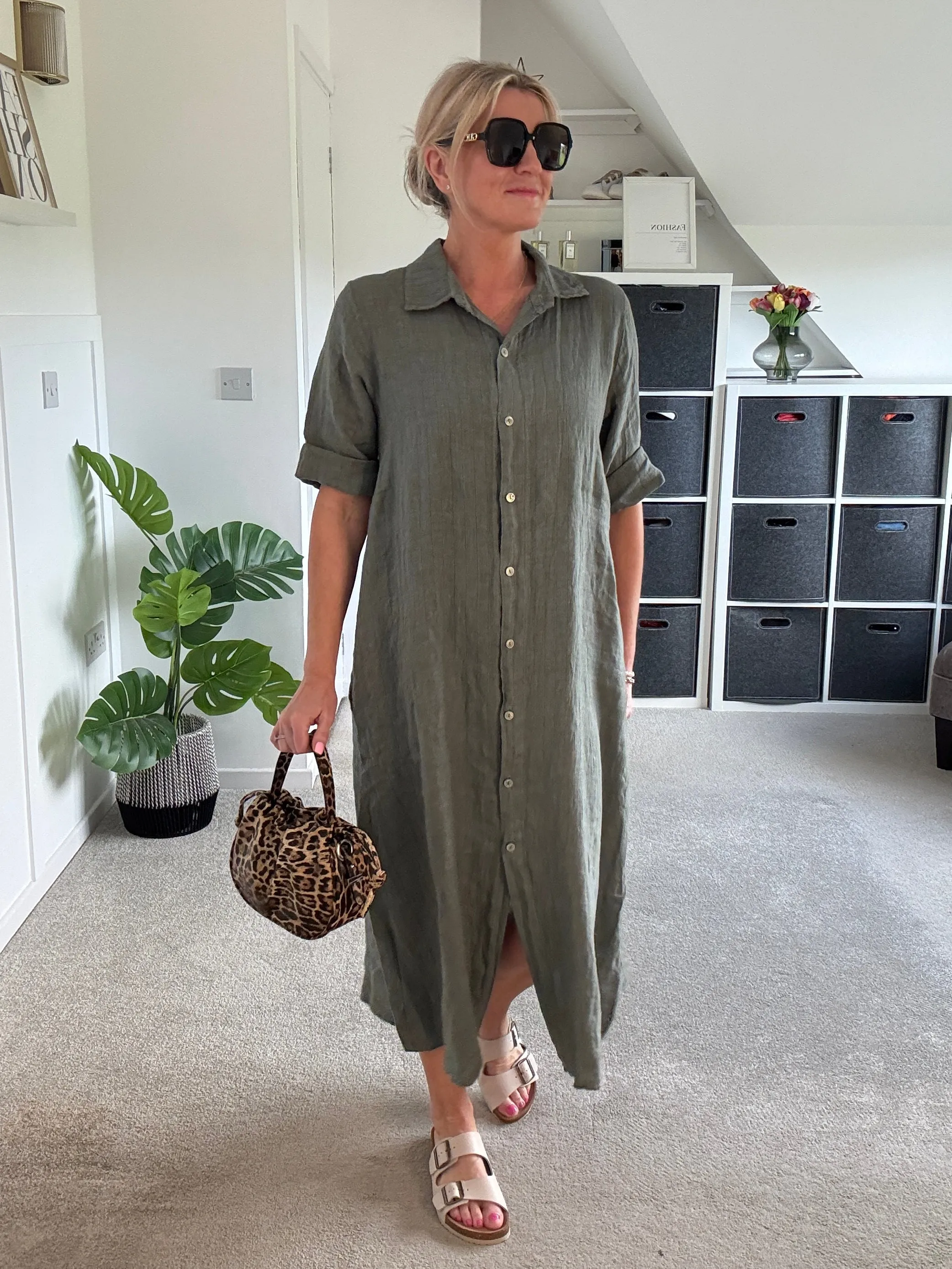 Navy Pinstripe Linen Shirt Dress