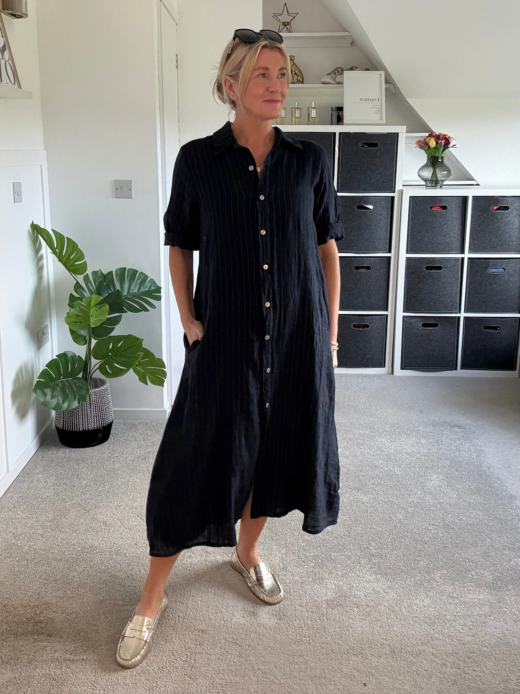 Navy Pinstripe Linen Shirt Dress