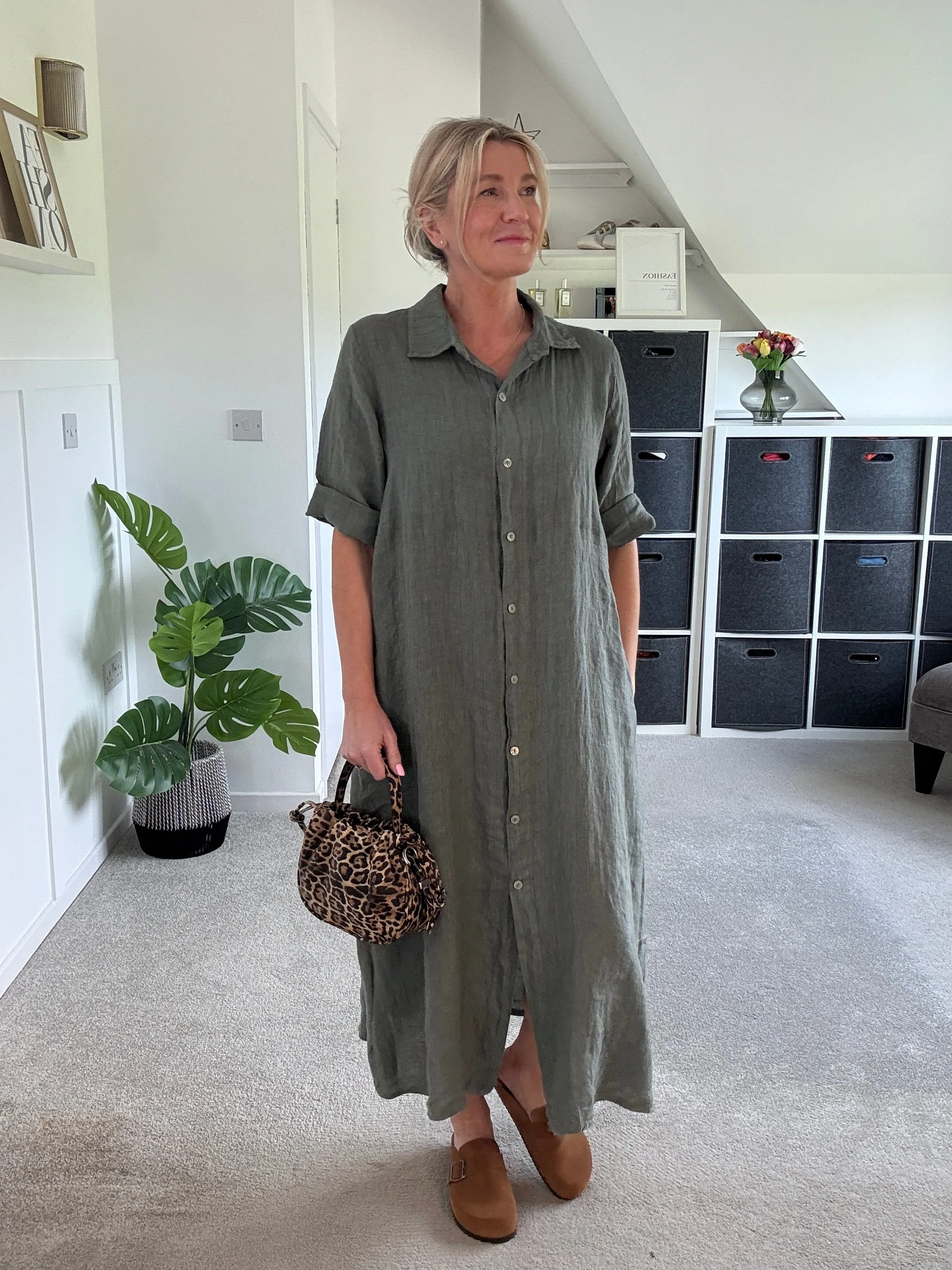 Navy Pinstripe Linen Shirt Dress