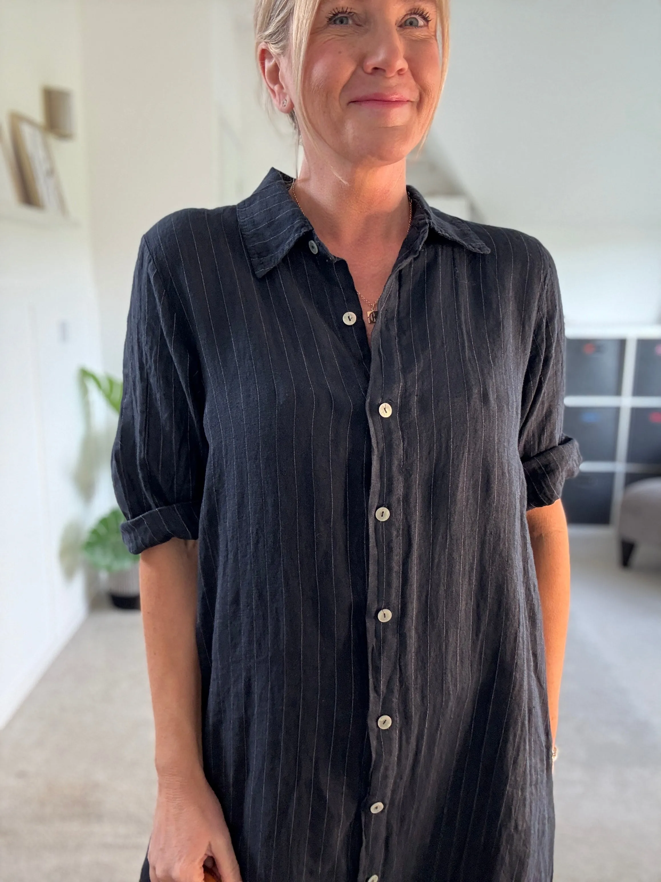 Navy Pinstripe Linen Shirt Dress