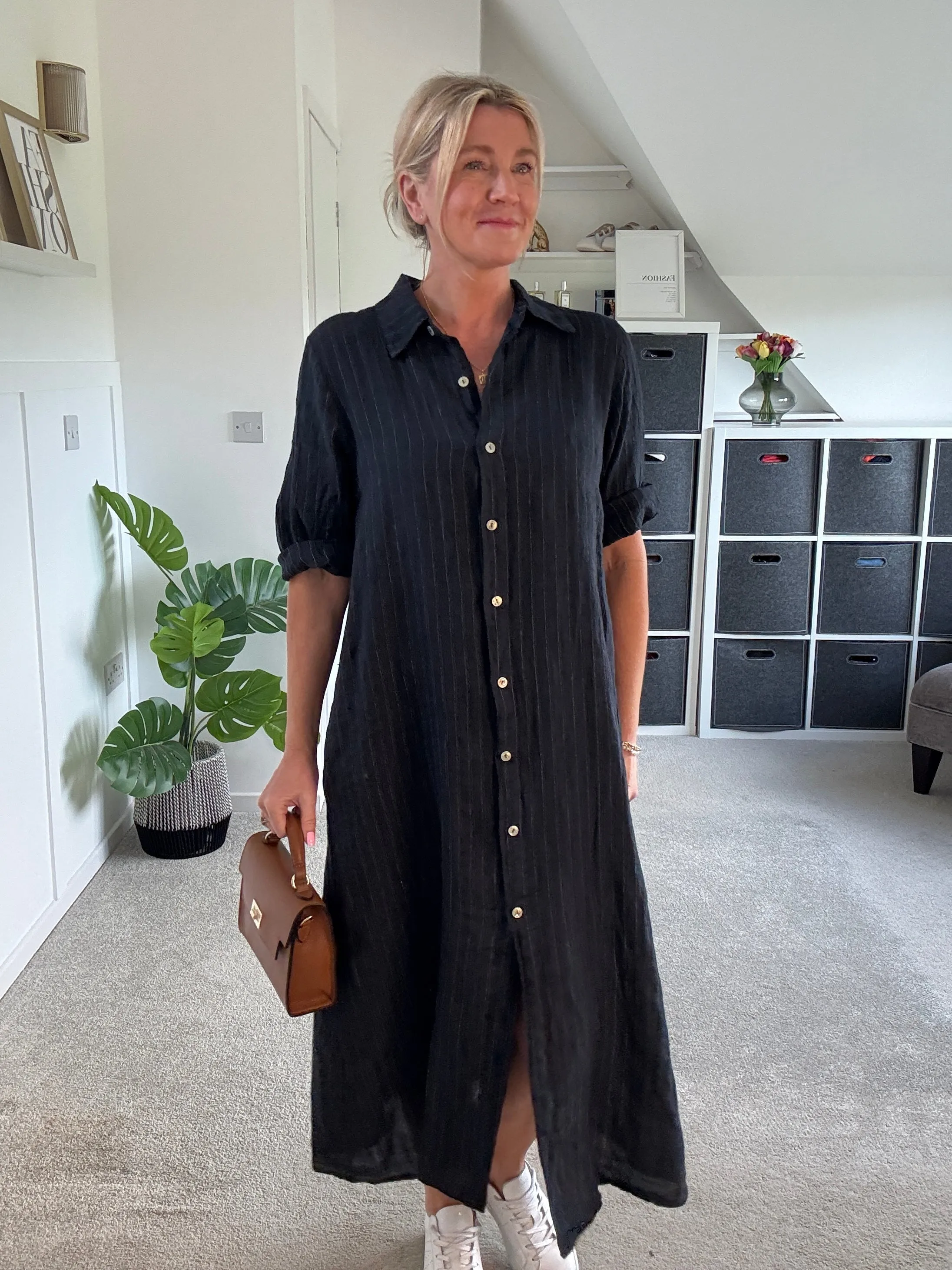 Navy Pinstripe Linen Shirt Dress