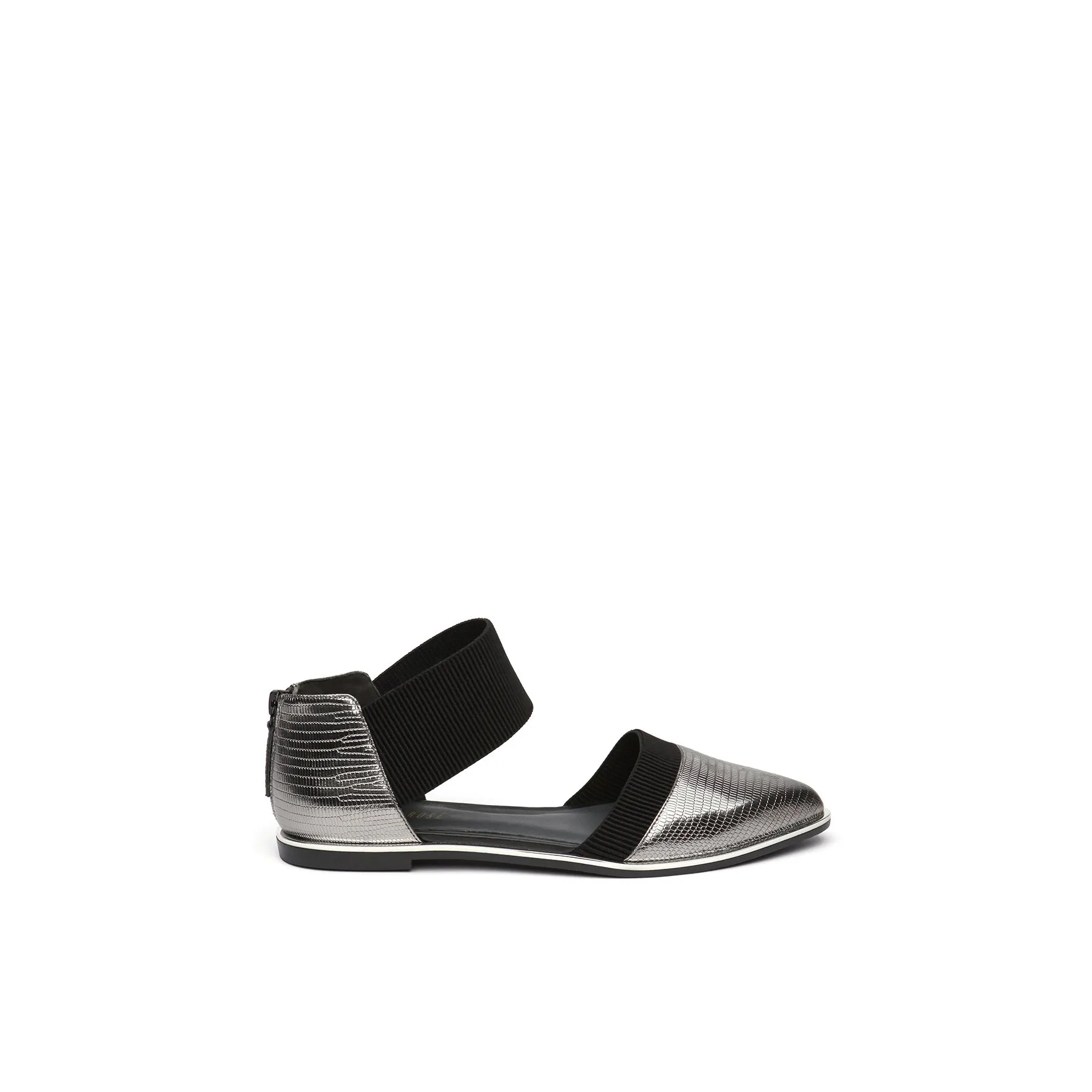 Pointed Leather Ankle-Strap Flat - Silver