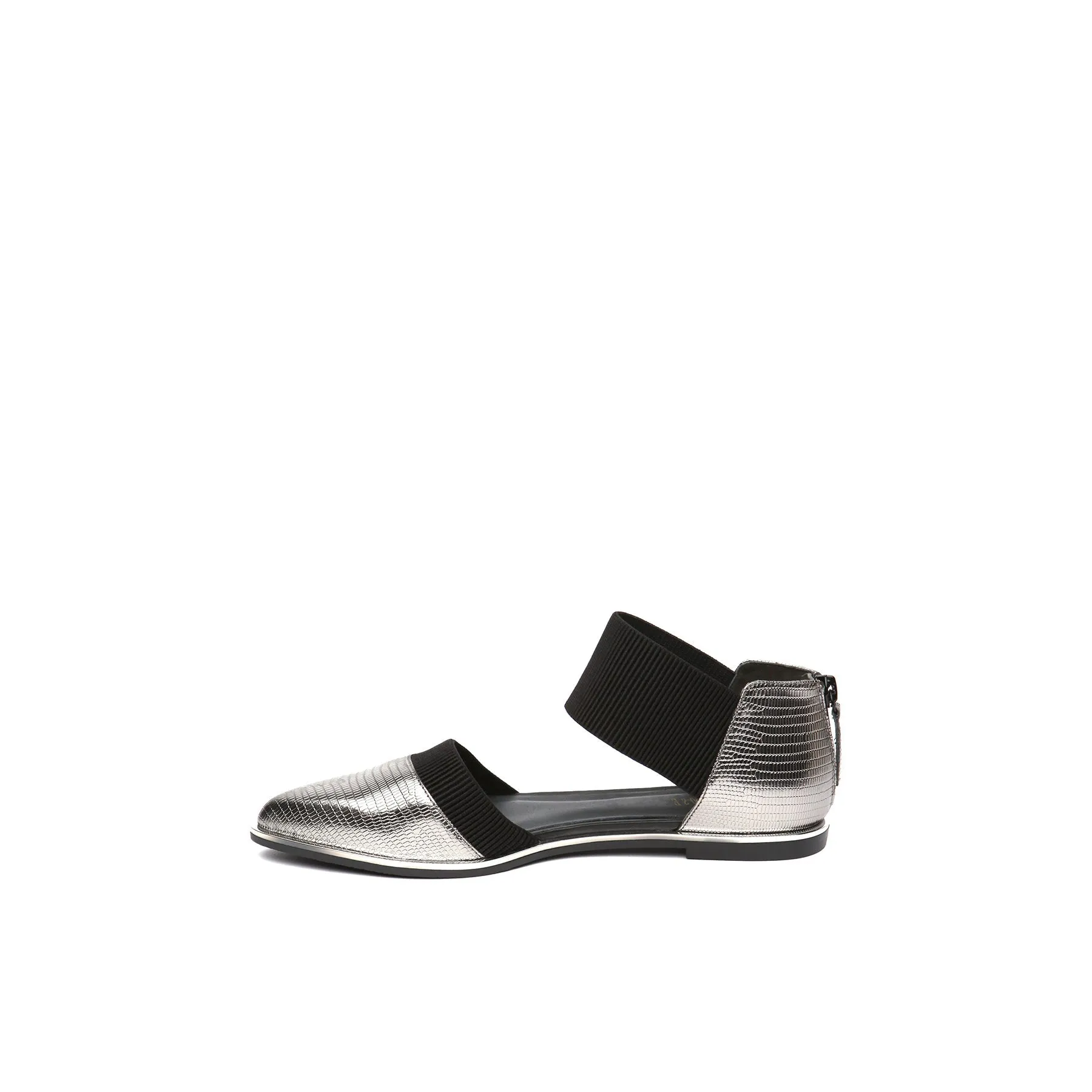 Pointed Leather Ankle-Strap Flat - Silver
