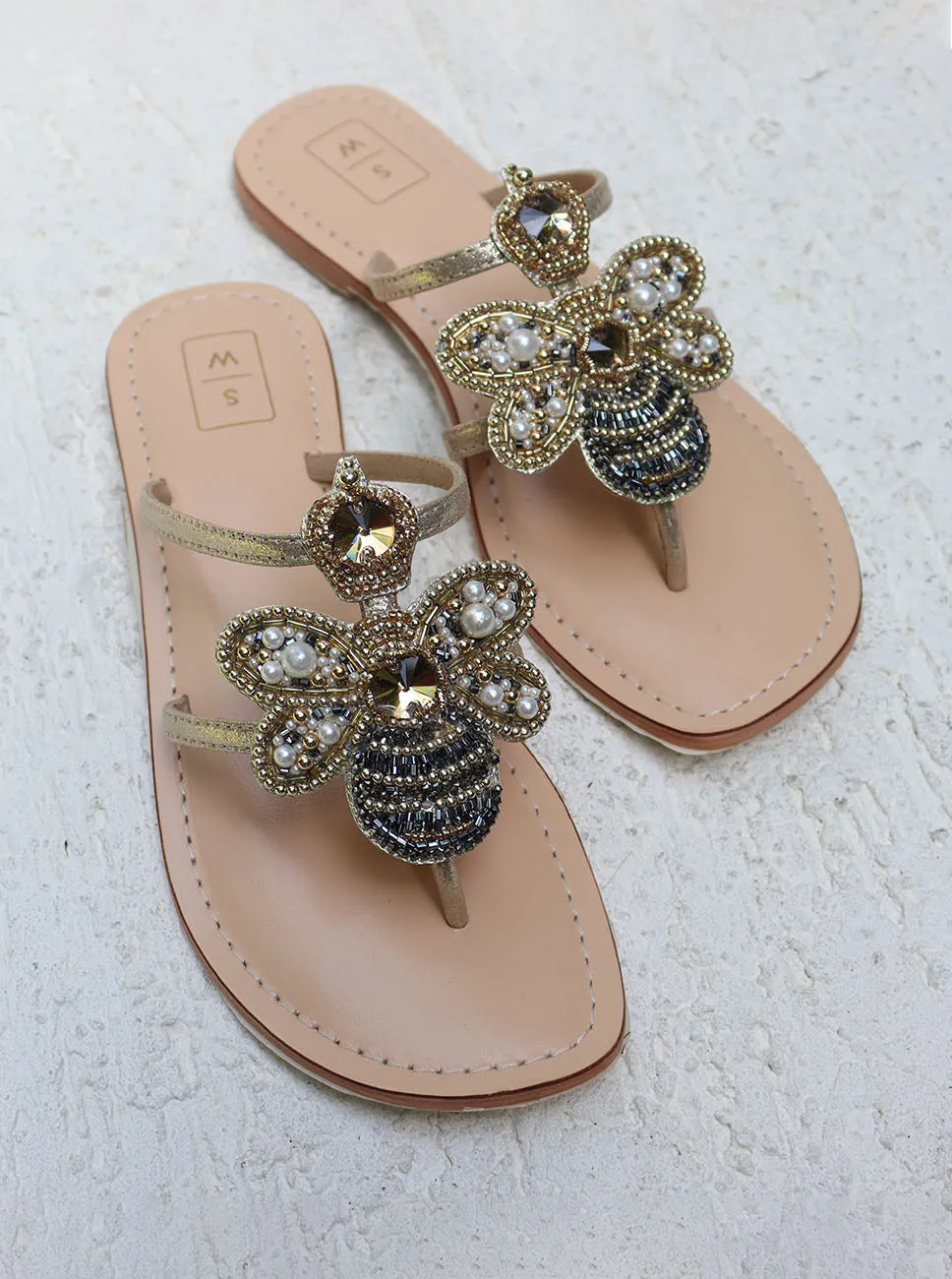 Queen Bee Gold, Gunmetal & Pearl Beaded Sandals