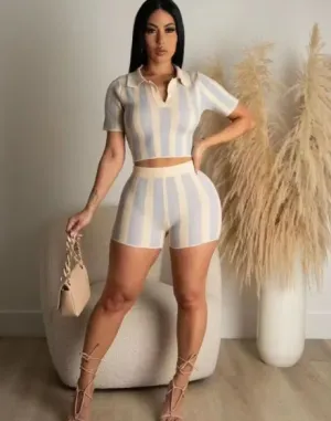 Radiate Striped Collared Back-Tie Top & High-Waist Shorts Set