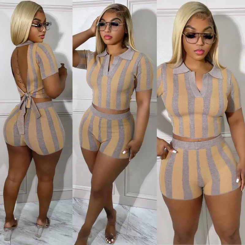 Radiate Striped Collared Back-Tie Top & High-Waist Shorts Set