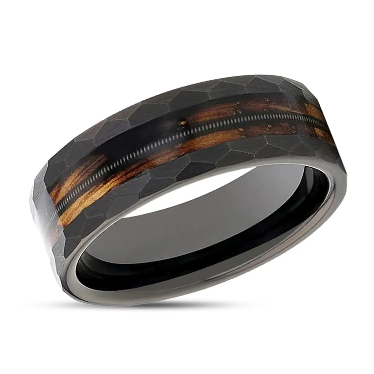 RIFF | Tungsten Ring, Whiskey Barrel, Guitar String Inlay, Hammered Flat Edges