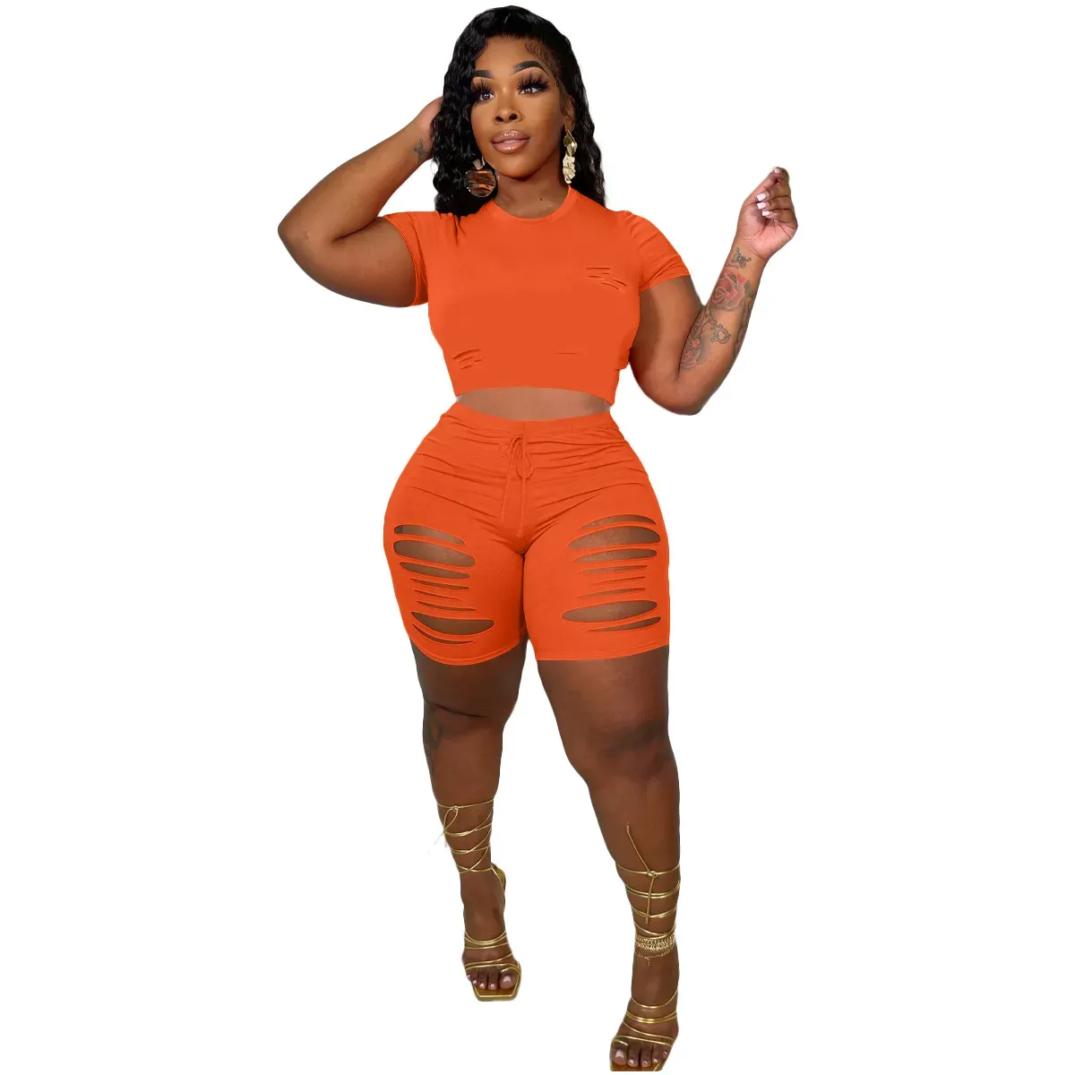 Savvy Cutout Short Sleeve Top & Ripped Biker Shorts Set
