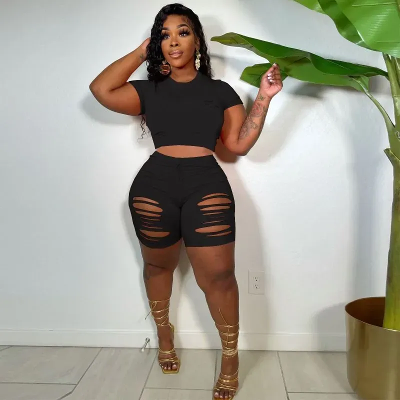 Savvy Cutout Short Sleeve Top & Ripped Biker Shorts Set