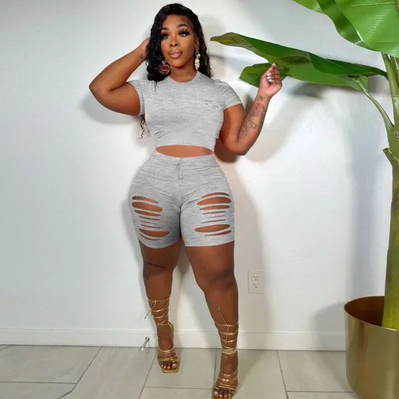 Savvy Cutout Short Sleeve Top & Ripped Biker Shorts Set