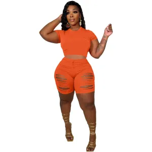 Savvy Cutout Short Sleeve Top & Ripped Biker Shorts Set