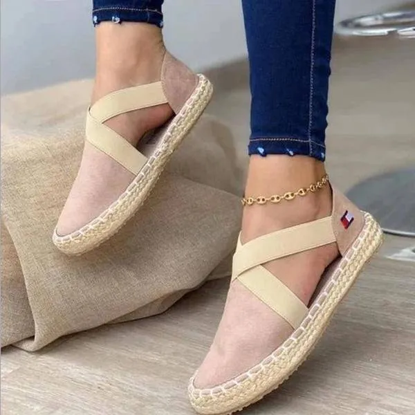 Shirem Flat Straw Braid Elastic Strap Casual Shoes