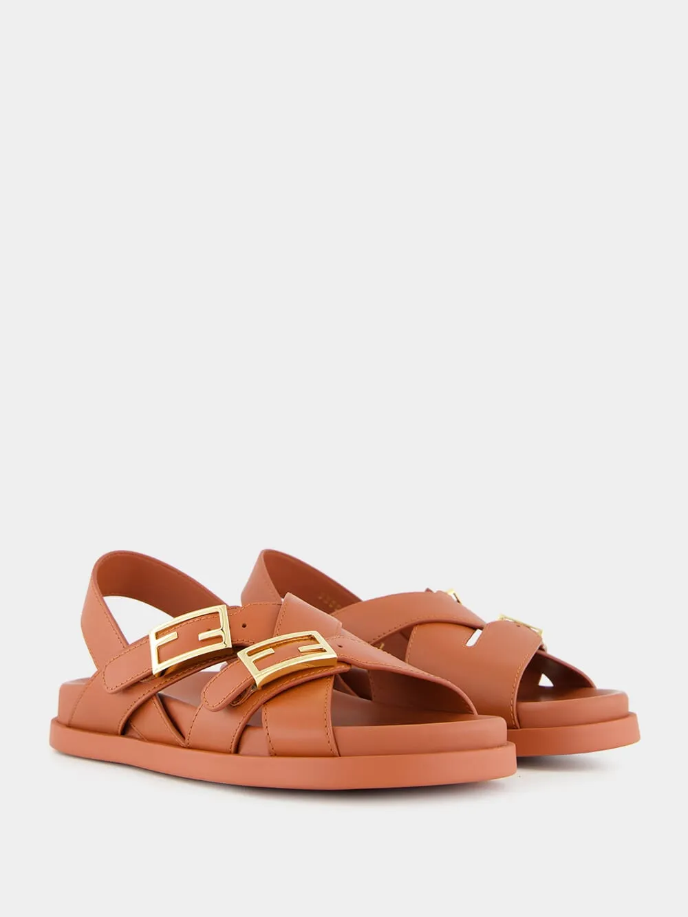 Sienna Brown Leather Slides with FF Buckles