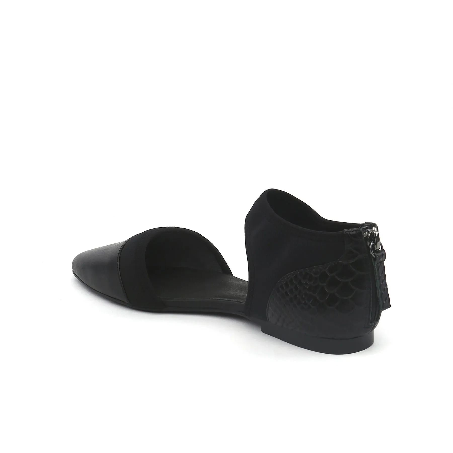 Snake Embossed Pointed Leather Flat - Black