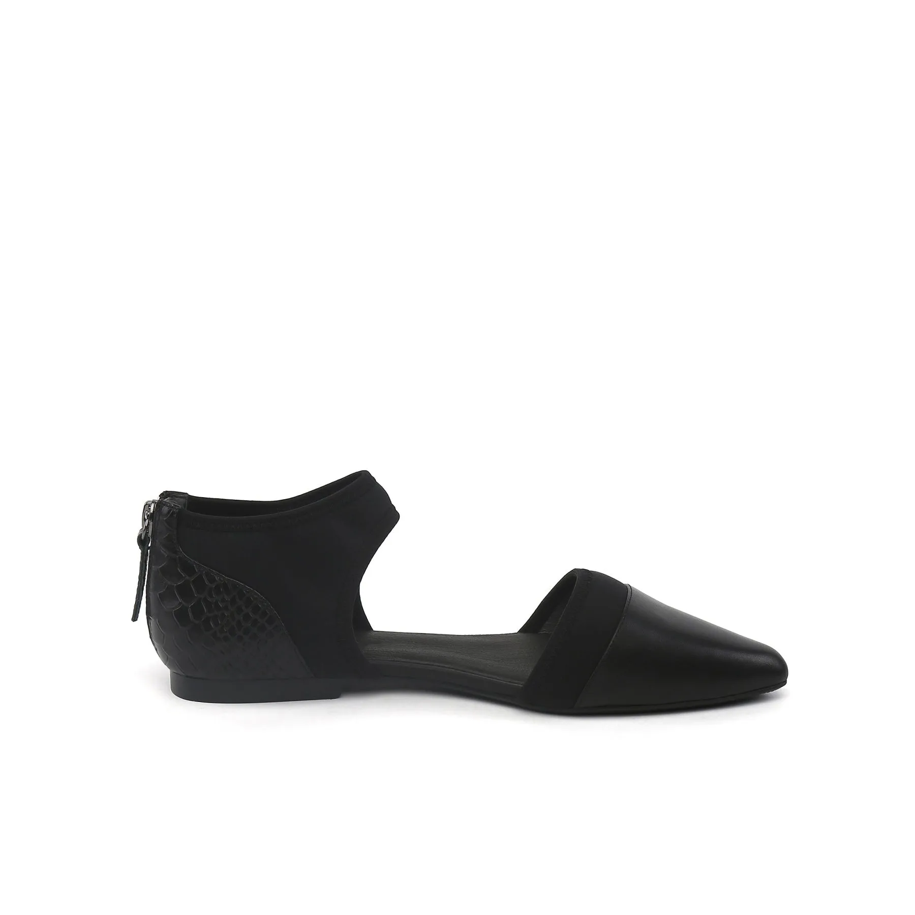 Snake Embossed Pointed Leather Flat - Black