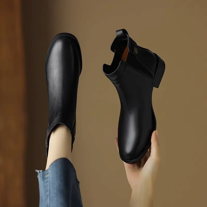 Soft Leather And Velvet Ankle Boots Flat Ankle Boots Mid Heel Round Head Chelsea