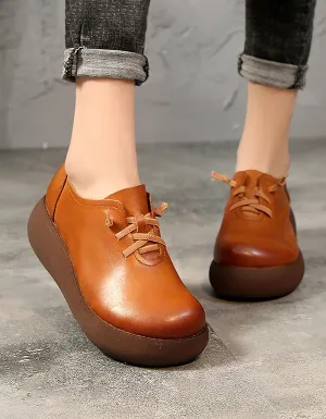 Spring Summer Round Head Ladies Leather Platform Shoes