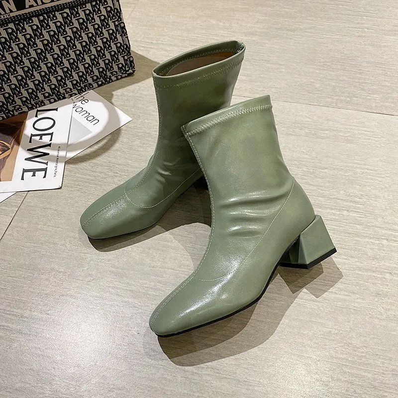 Square Toe Thin Boots Elastic Boots Mid-Heel Martin Boots Women