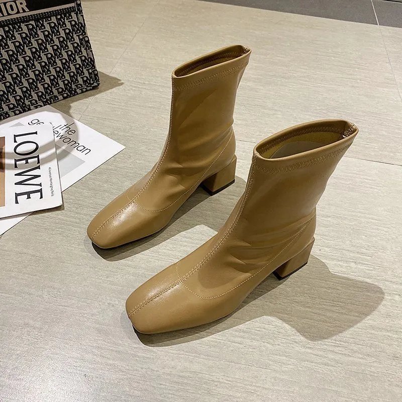 Square Toe Thin Boots Elastic Boots Mid-Heel Martin Boots Women