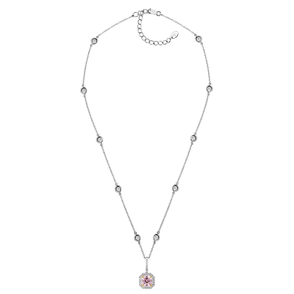 Sterling  Fancy Light Pink Asscher Cut Pendant on 18" Regal Short Floating Chain (Pendant & Chain Sold Together. Pendant is Removable from Chain).