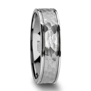 Thorsten THORNTON Hammered Finish Center White Tungsten Carbide Wedding Band with Dual Offset Grooves and Polished Edges - 6mm or 8mm