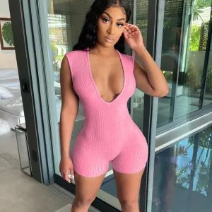 Va-Va Voom Ribbed Deep V Neck Romper