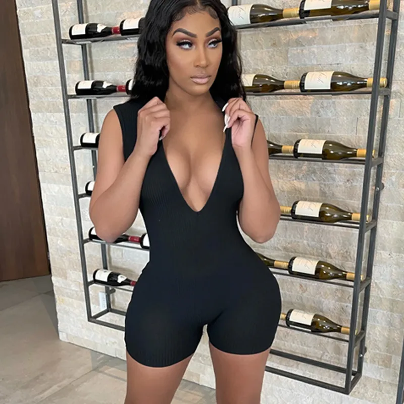 Va-Va Voom Ribbed Deep V Neck Romper