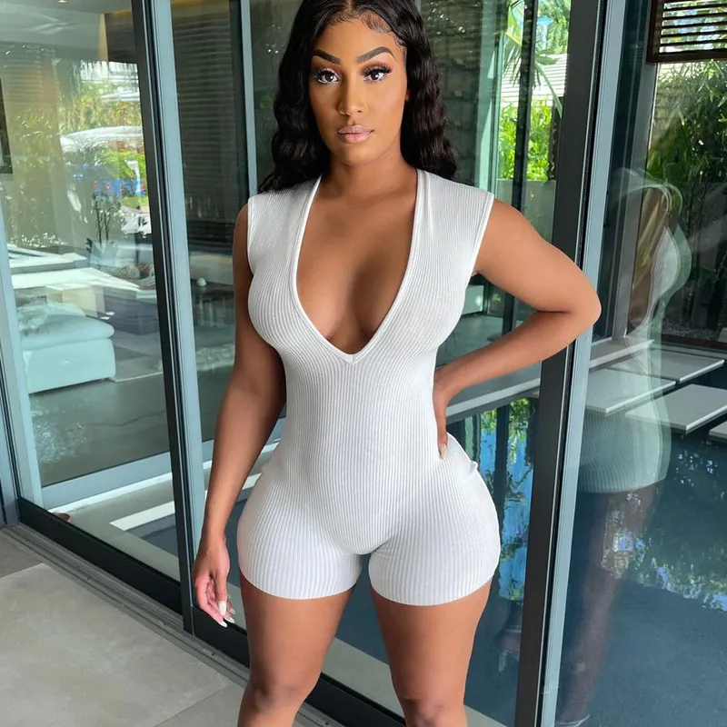 Va-Va Voom Ribbed Deep V Neck Romper