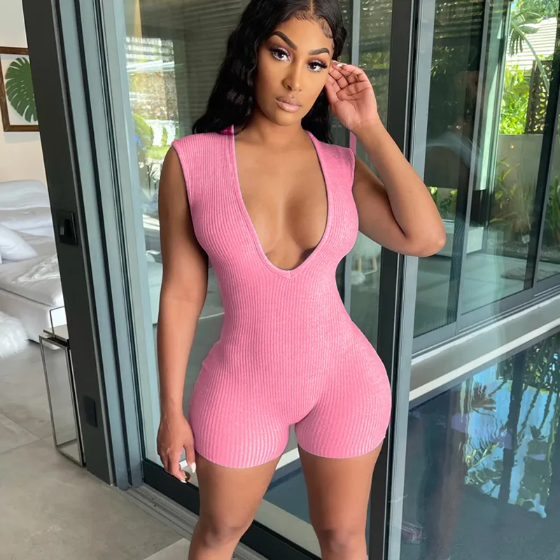 Va-Va Voom Ribbed Deep V Neck Romper