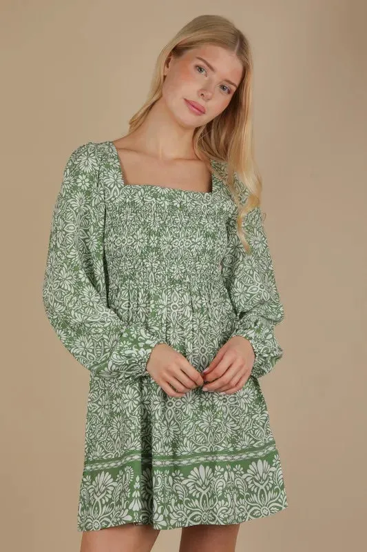 VERY J Printed Smocked Chest Boho Mini Dress