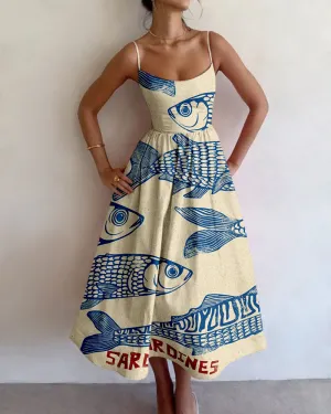 Vintage Print Spaghetti Strap Midi Dress