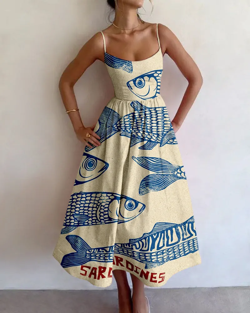 Vintage Print Spaghetti Strap Midi Dress