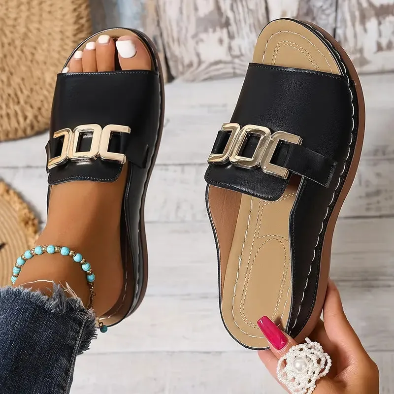 Wedge Platform Slippers Women's Plus Size Casual Metal Buckle Peep Toe Sandals
