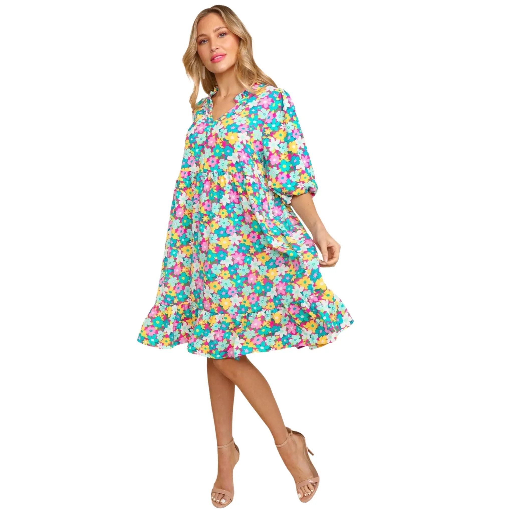 Women's Bubble Sleeve Floral Midi Dress with Ruffles - Mint/Pink
