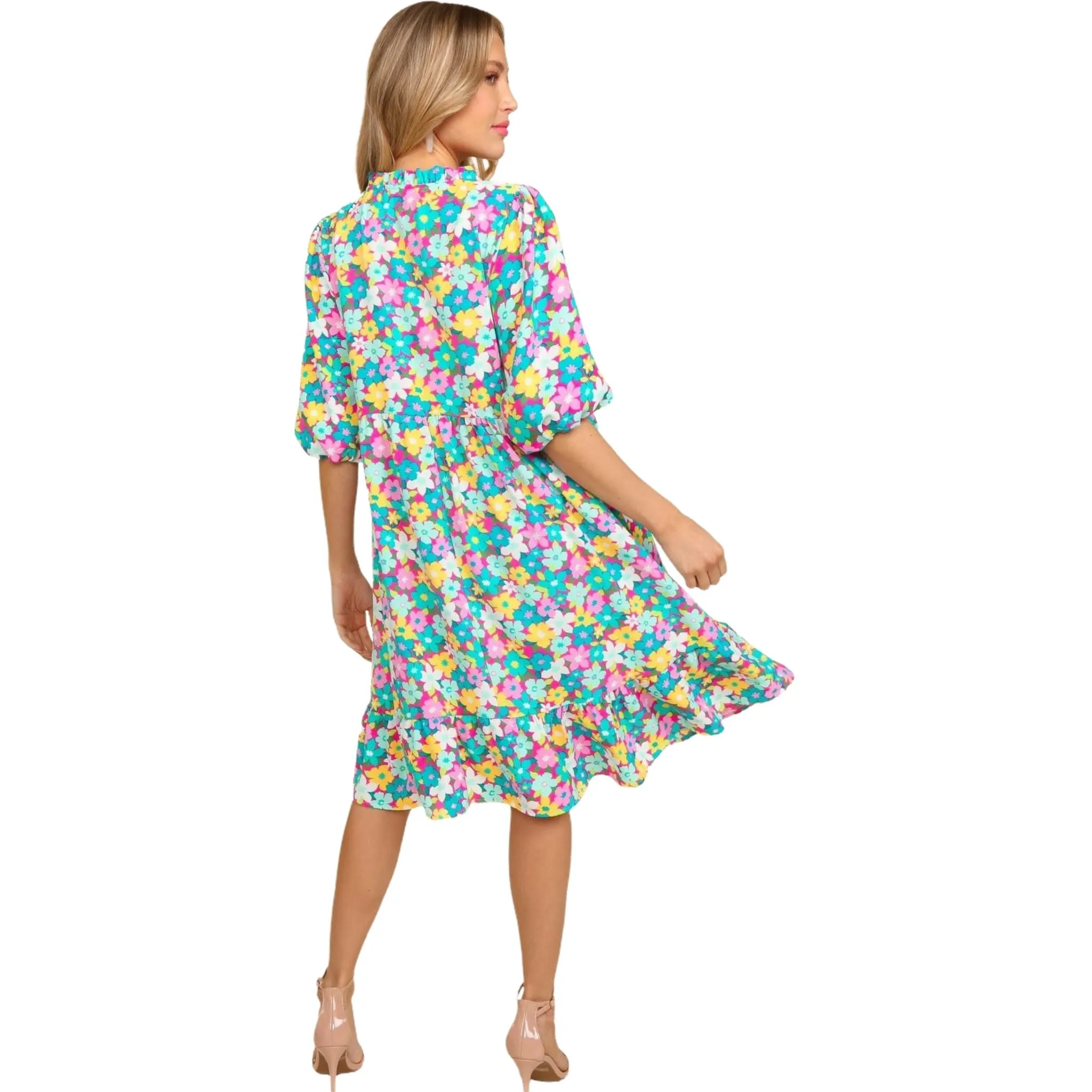 Women's Bubble Sleeve Floral Midi Dress with Ruffles - Mint/Pink