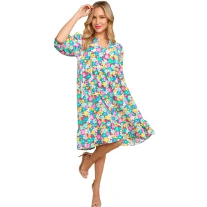 Women's Bubble Sleeve Floral Midi Dress with Ruffles - Mint/Pink