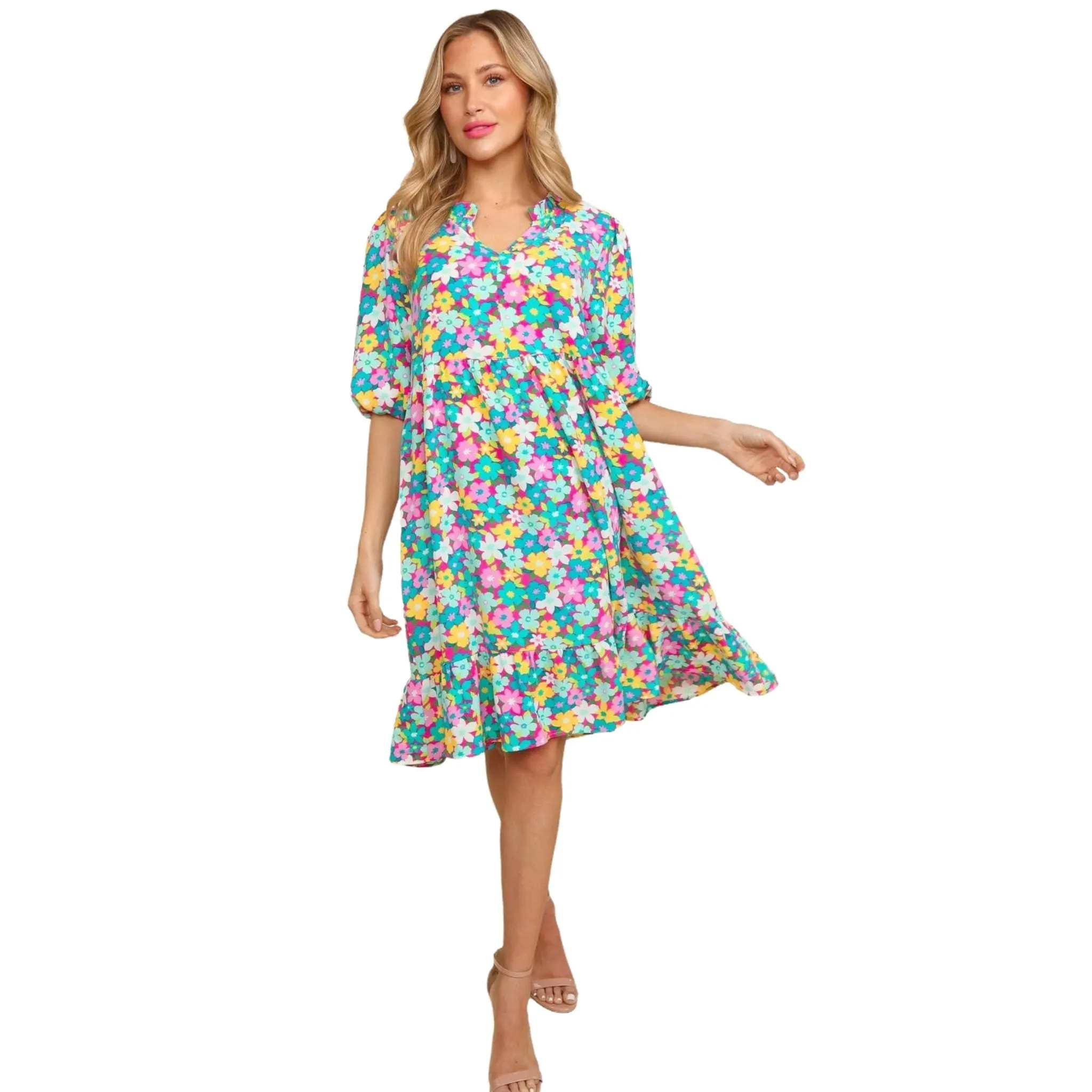 Women's Bubble Sleeve Floral Midi Dress with Ruffles - Mint/Pink